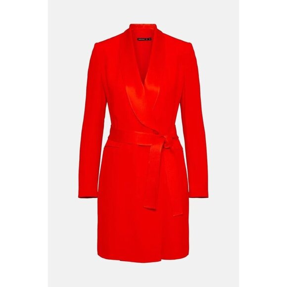 KAREN MILLEN Tomato Red Crepe Satin Tailored Tuxedo Wrap Mini Dress, Size 6 - Picture 4 of 15